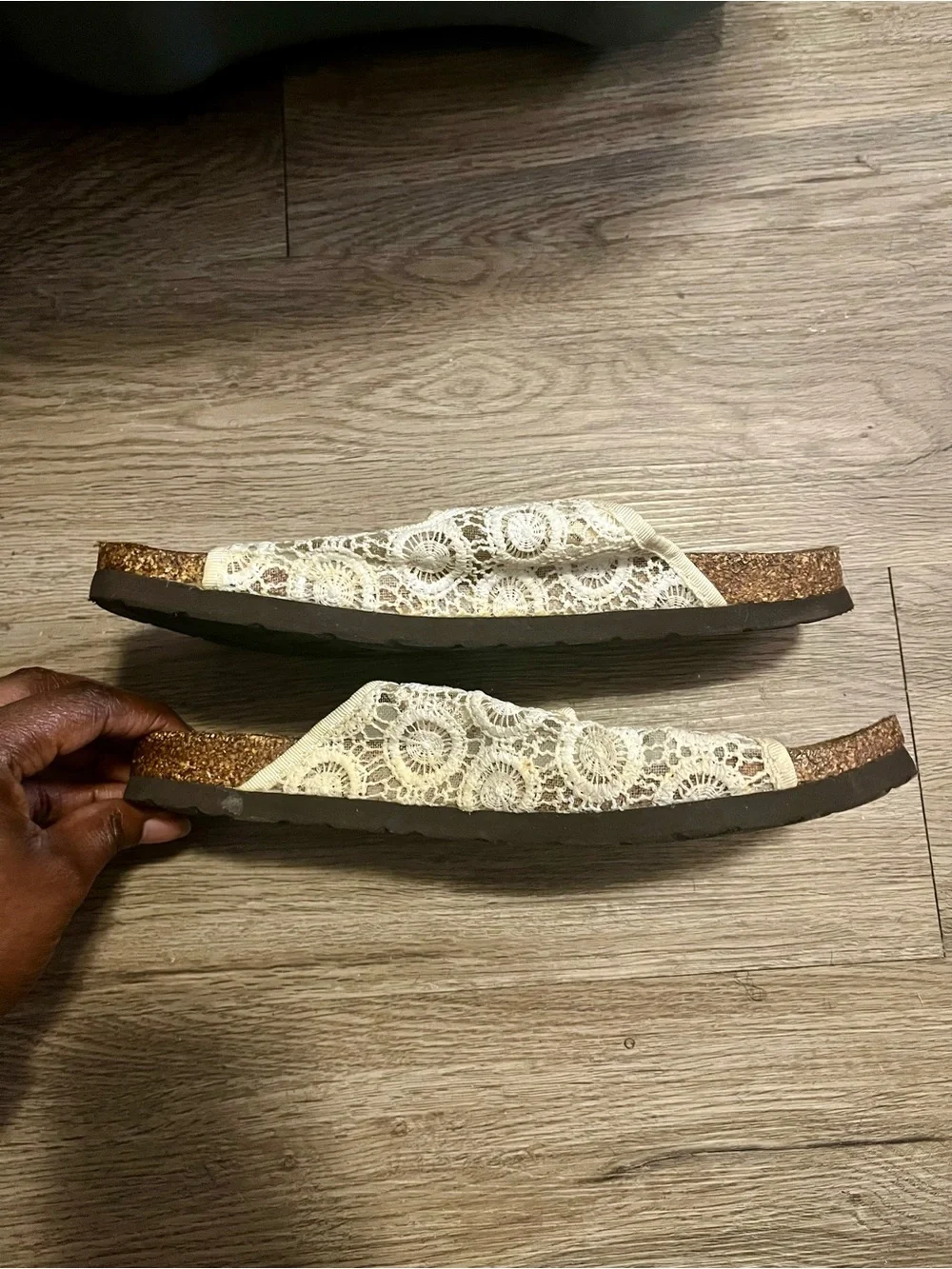 American Eagle Outfitters Cream Lace Crochet Double-Buckle Slide Sandals